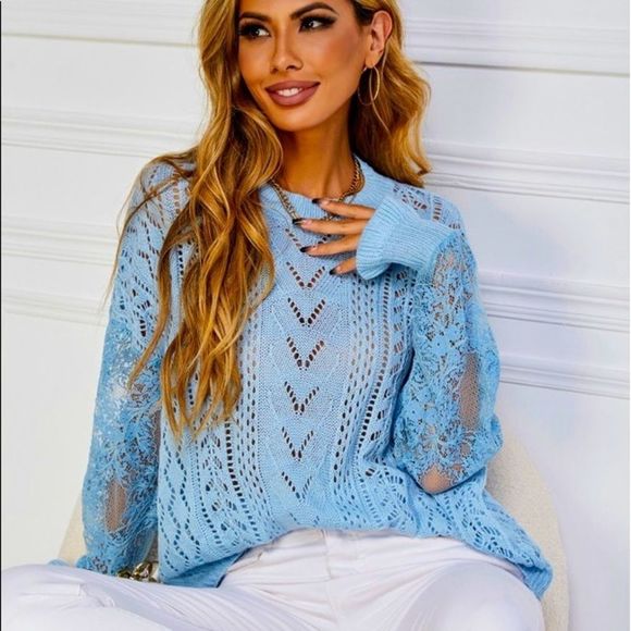HP!! 💜💜 NWT! CONTRAST LACE POINTELLE KNIT DROP SHOULDER SWEATER IN BABY BLUE! - Picture 6 of 11
